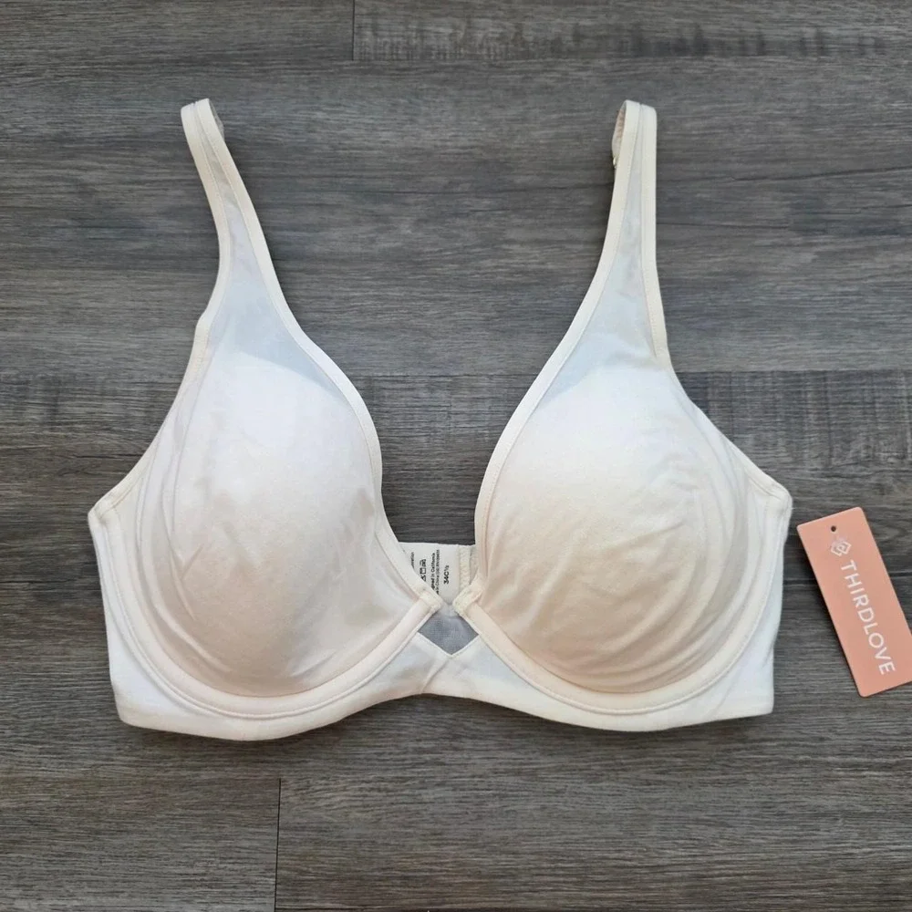 ThirdLove 24/7 Cotton Plunge Bra Sea Salt Cream Off White 34C 1/2 NWT